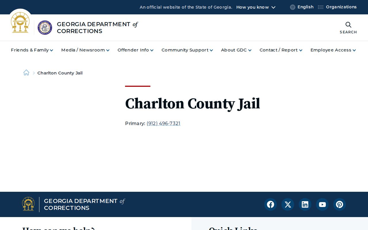 Georgia Department of Corrections contact listing for Charlton County Jail