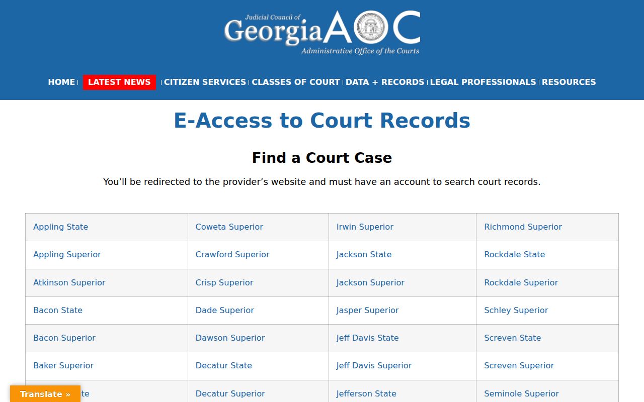 Georgia E-Access gateway for Charlton County court case lookup